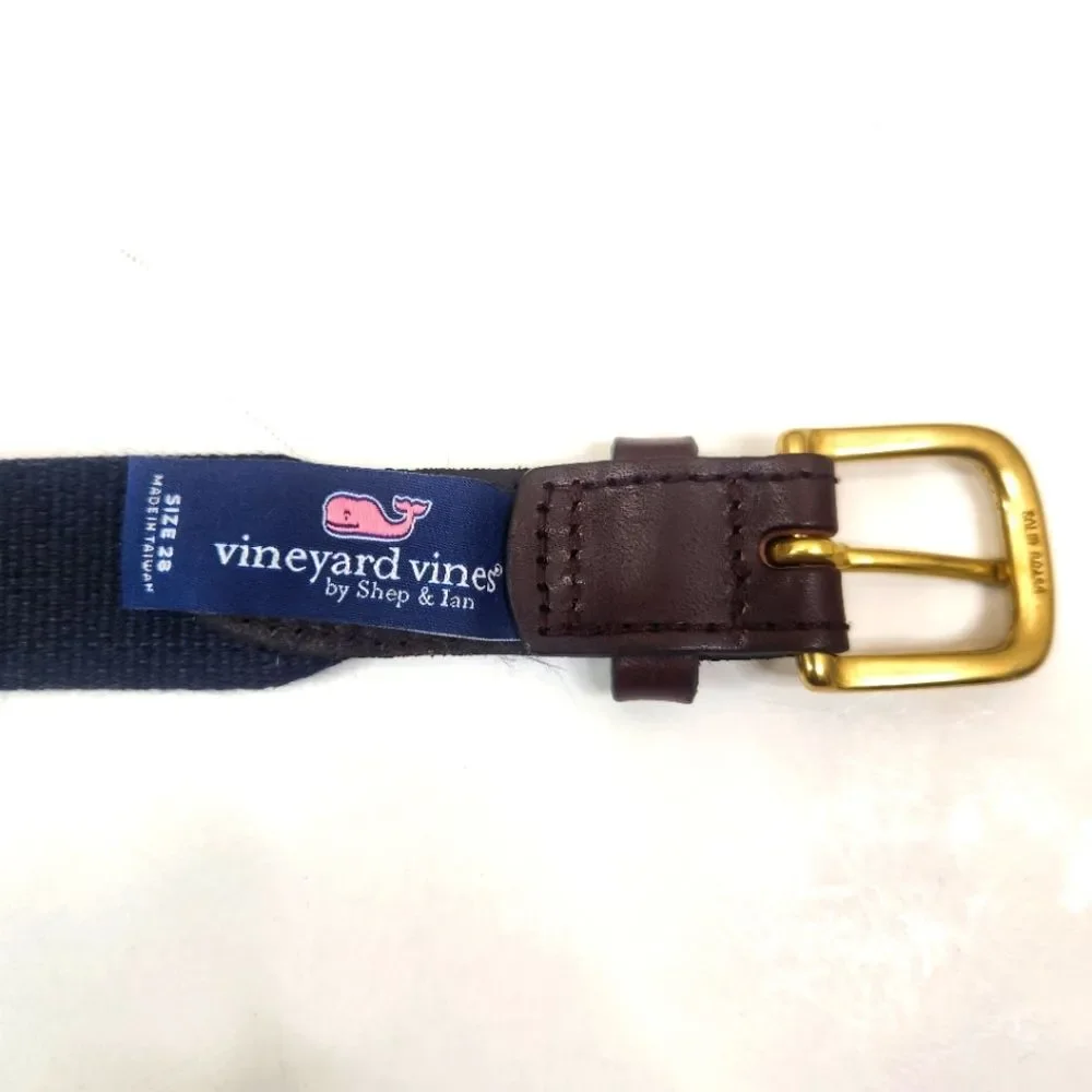 Vineyard Vines Brass Buckle Leather Trim Cotton Blend AOP Whale Logo Belt 28